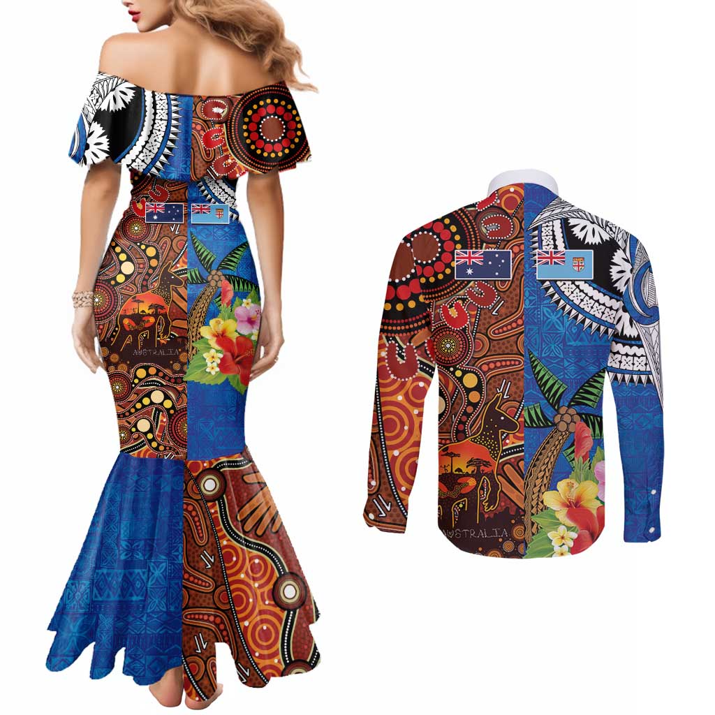 Fiji and Australia Together Couples Matching Mermaid Dress and Long Sleeve Button Shirt Fijian Tapa Plants with Kangaroo and Aboriginal - Aussie Hoodie