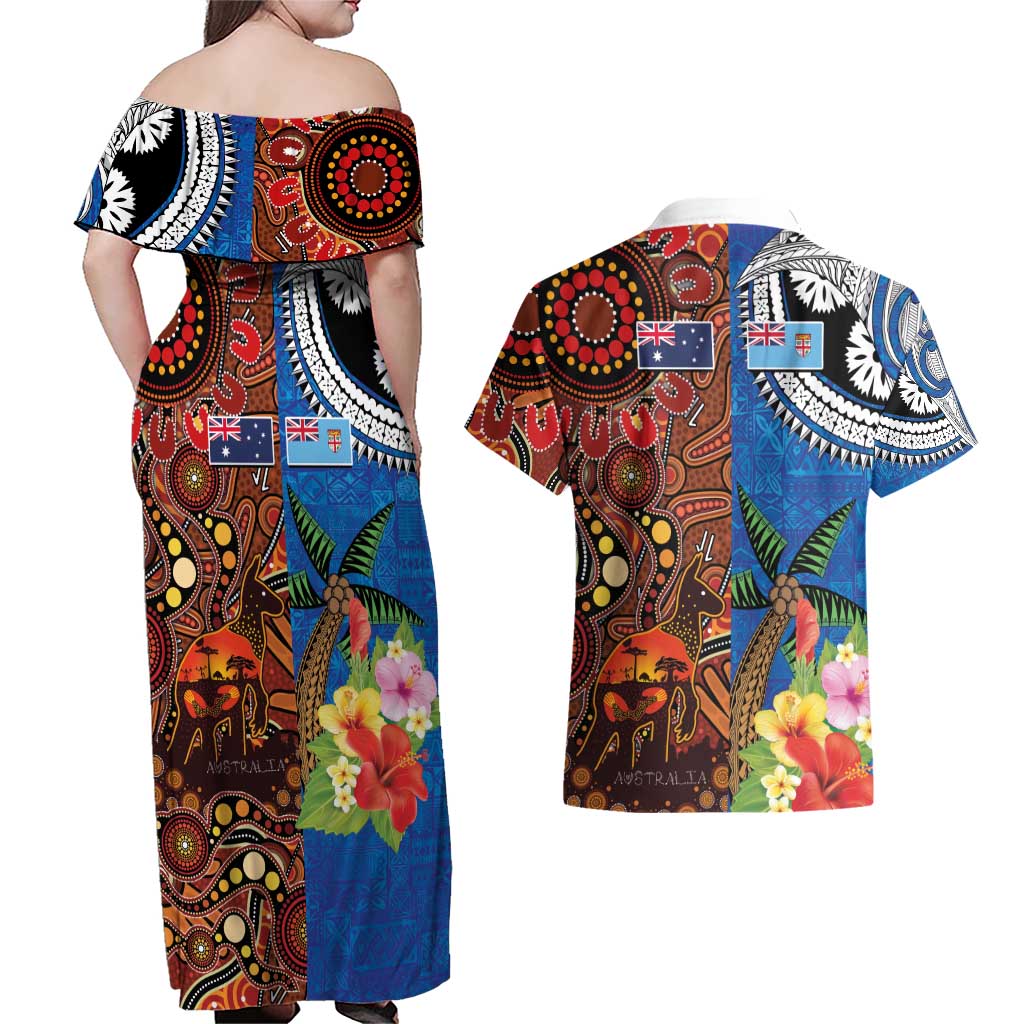 Fiji and Australia Together Couples Matching Off Shoulder Maxi Dress and Hawaiian Shirt Fijian Tapa Plants with Kangaroo and Aboriginal - Aussie Hoodie