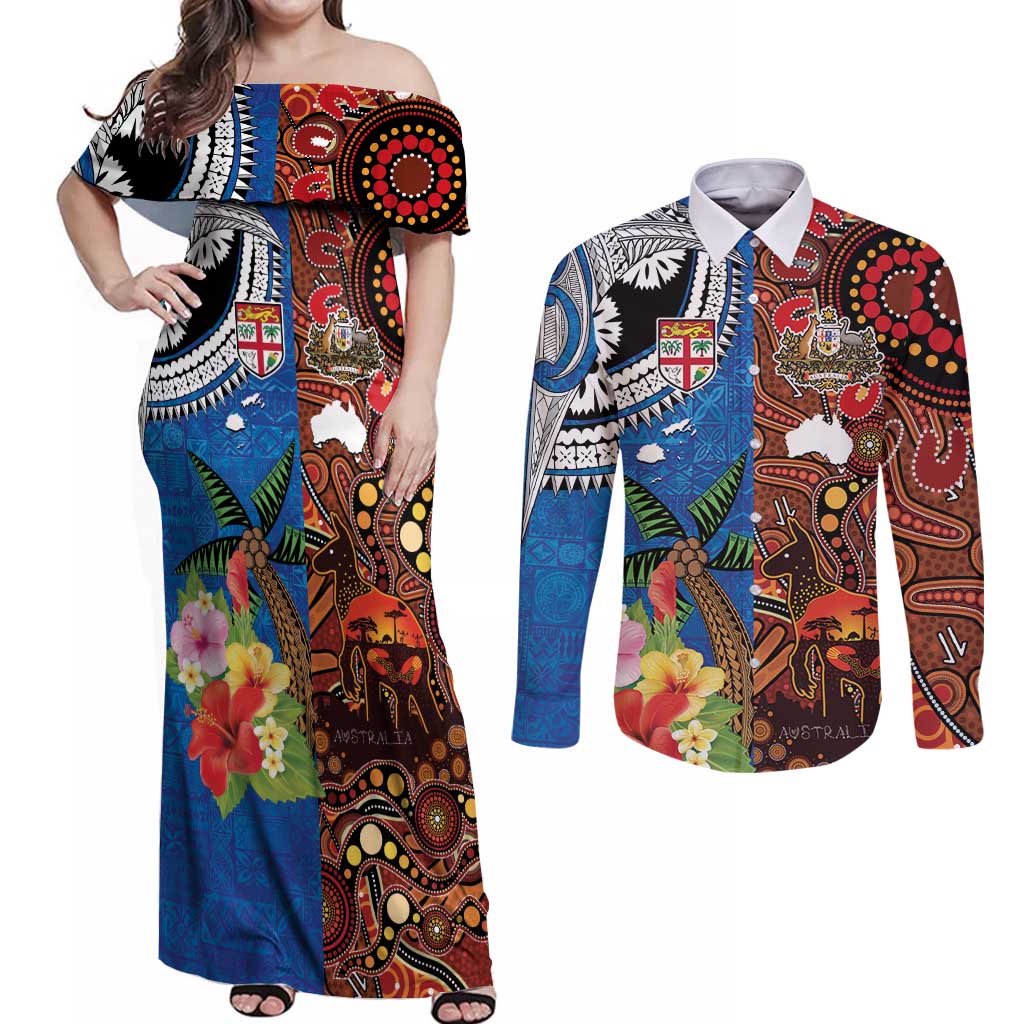 Fiji and Australia Together Couples Matching Off Shoulder Maxi Dress and Long Sleeve Button Shirt Fijian Tapa Plants with Kangaroo and Aboriginal - Aussie Hoodie