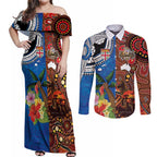 Fiji and Australia Together Couples Matching Off Shoulder Maxi Dress and Long Sleeve Button Shirt Fijian Tapa Plants with Kangaroo and Aboriginal - Aussie Hoodie