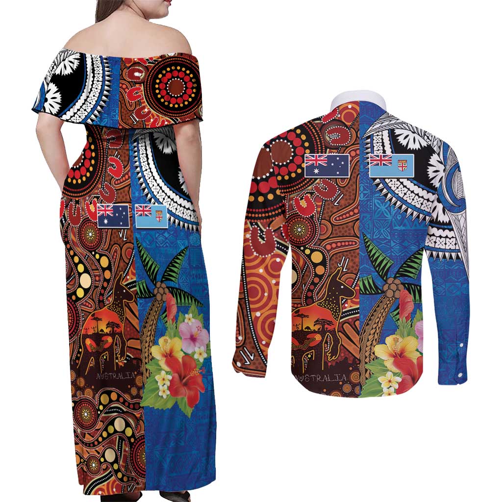 Fiji and Australia Together Couples Matching Off Shoulder Maxi Dress and Long Sleeve Button Shirt Fijian Tapa Plants with Kangaroo and Aboriginal - Aussie Hoodie