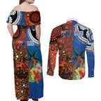 Fiji and Australia Together Couples Matching Off Shoulder Maxi Dress and Long Sleeve Button Shirt Fijian Tapa Plants with Kangaroo and Aboriginal - Aussie Hoodie