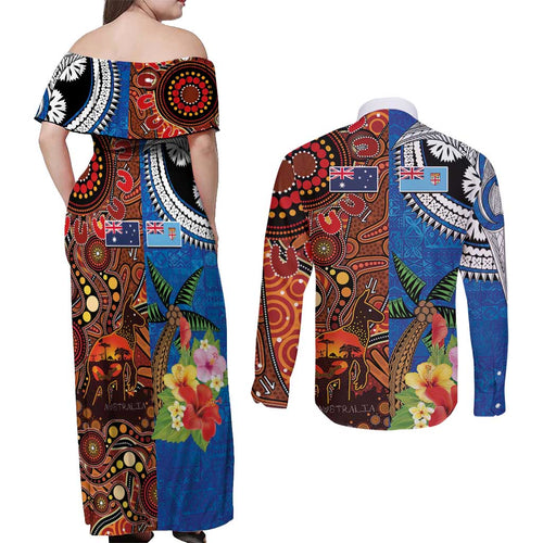 Fiji and Australia Together Couples Matching Off Shoulder Maxi Dress and Long Sleeve Button Shirt Fijian Tapa Plants with Kangaroo and Aboriginal - Aussie Hoodie