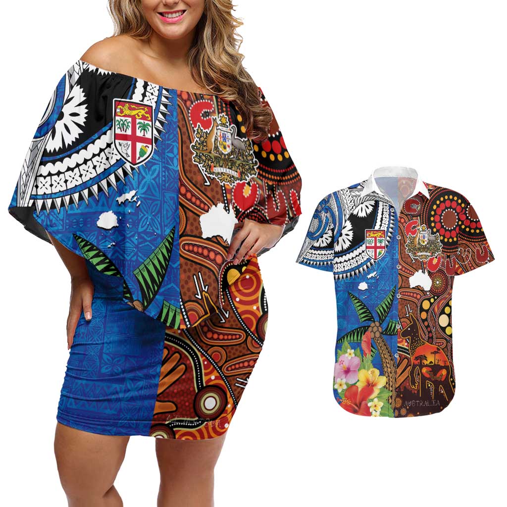 Fiji and Australia Together Couples Matching Off Shoulder Short Dress and Hawaiian Shirt Fijian Tapa Plants with Kangaroo and Aboriginal - Aussie Hoodie