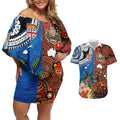 Fiji and Australia Together Couples Matching Off Shoulder Short Dress and Hawaiian Shirt Fijian Tapa Plants with Kangaroo and Aboriginal - Aussie Hoodie