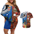 Fiji and Australia Together Couples Matching Off Shoulder Short Dress and Hawaiian Shirt Fijian Tapa Plants with Kangaroo and Aboriginal - Aussie Hoodie