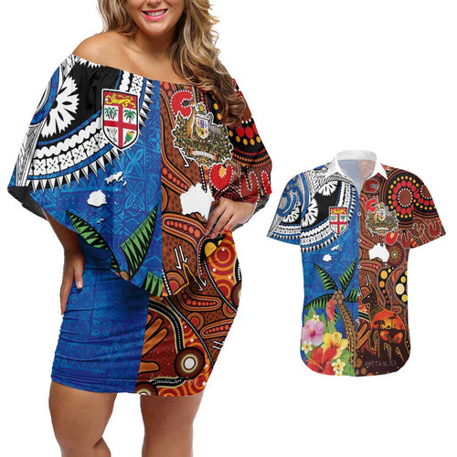 Fiji and Australia Together Couples Matching Off Shoulder Short Dress and Hawaiian Shirt Fijian Tapa Plants with Kangaroo and Aboriginal - Aussie Hoodie