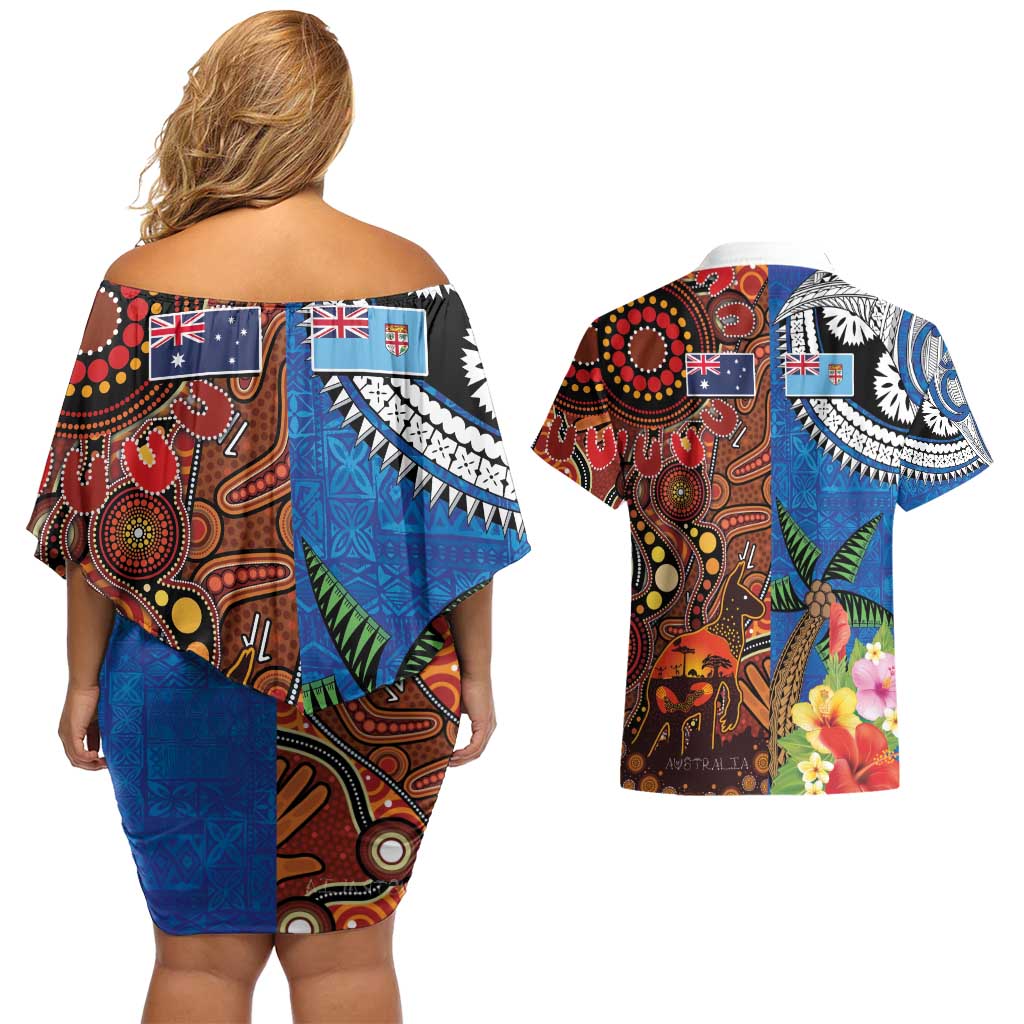 Fiji and Australia Together Couples Matching Off Shoulder Short Dress and Hawaiian Shirt Fijian Tapa Plants with Kangaroo and Aboriginal - Aussie Hoodie