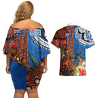 Fiji and Australia Together Couples Matching Off Shoulder Short Dress and Hawaiian Shirt Fijian Tapa Plants with Kangaroo and Aboriginal - Aussie Hoodie