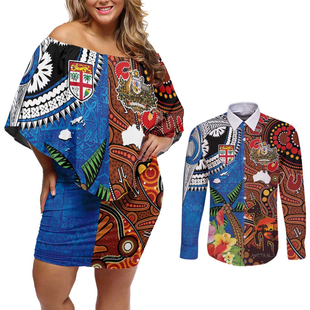 Fiji and Australia Together Couples Matching Off Shoulder Short Dress and Long Sleeve Button Shirt Fijian Tapa Plants with Kangaroo and Aboriginal - Aussie Hoodie
