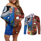 Fiji and Australia Together Couples Matching Off Shoulder Short Dress and Long Sleeve Button Shirt Fijian Tapa Plants with Kangaroo and Aboriginal - Aussie Hoodie