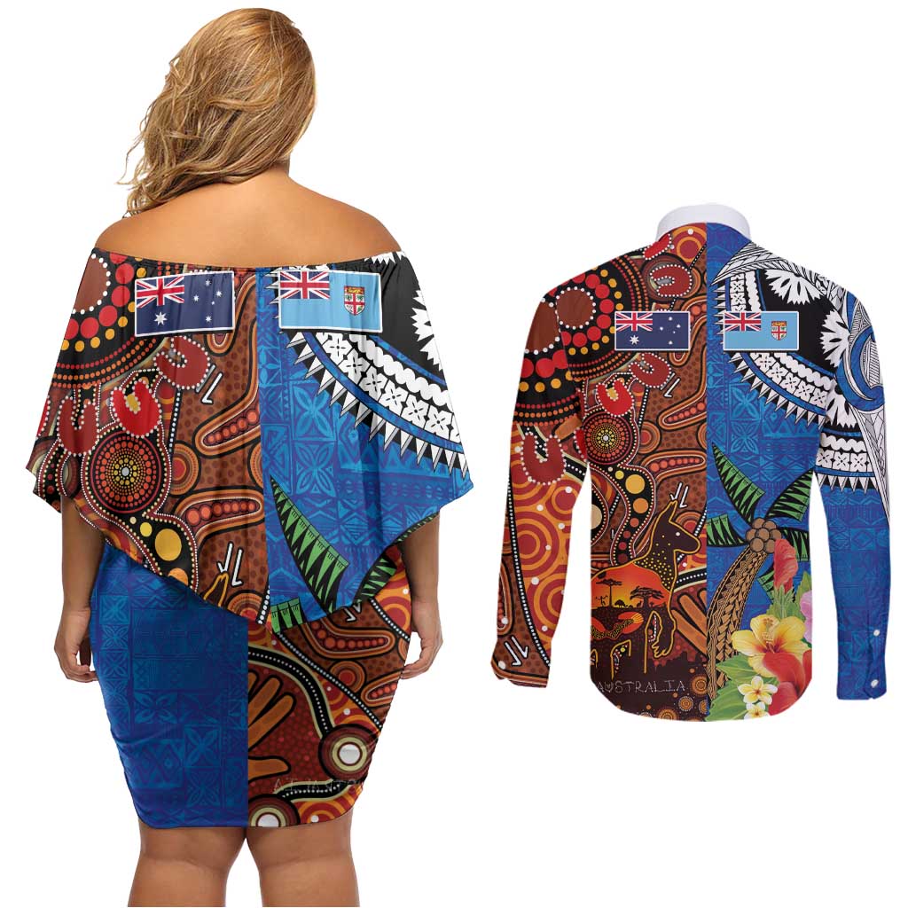 Fiji and Australia Together Couples Matching Off Shoulder Short Dress and Long Sleeve Button Shirt Fijian Tapa Plants with Kangaroo and Aboriginal - Aussie Hoodie