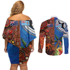 Fiji and Australia Together Couples Matching Off Shoulder Short Dress and Long Sleeve Button Shirt Fijian Tapa Plants with Kangaroo and Aboriginal - Aussie Hoodie