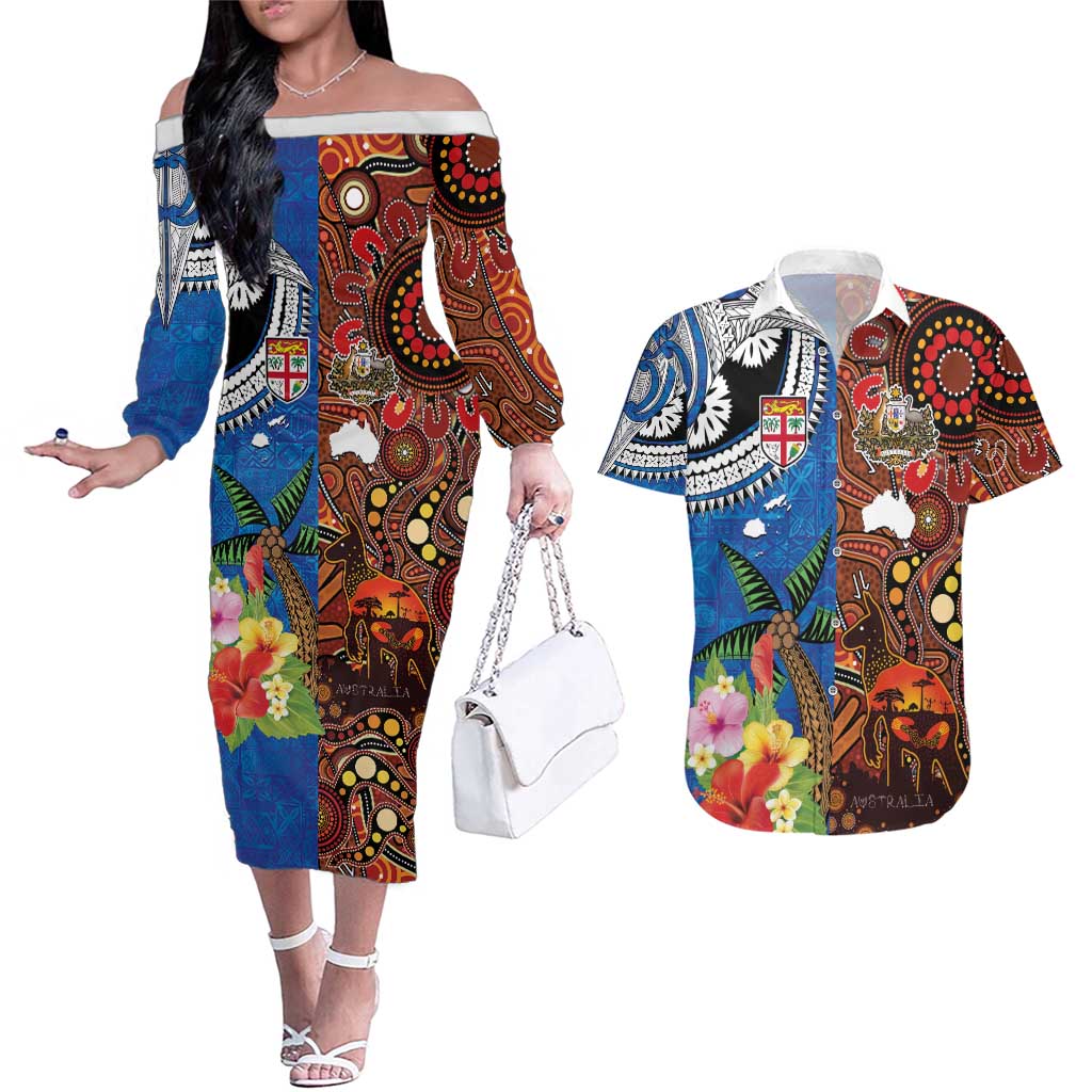 Fiji and Australia Together Couples Matching Off The Shoulder Long Sleeve Dress and Hawaiian Shirt Fijian Tapa Plants with Kangaroo and Aboriginal - Aussie Hoodie