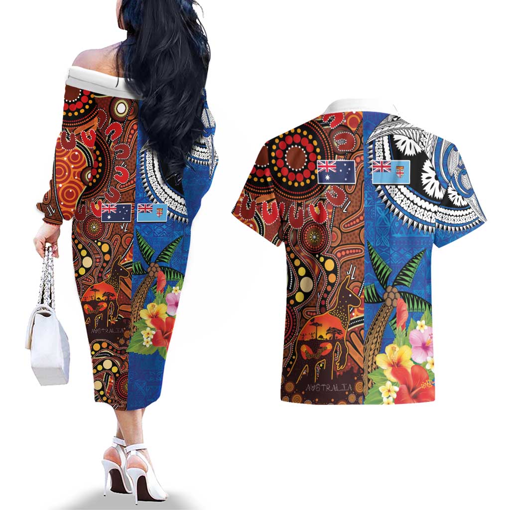 Fiji and Australia Together Couples Matching Off The Shoulder Long Sleeve Dress and Hawaiian Shirt Fijian Tapa Plants with Kangaroo and Aboriginal - Aussie Hoodie