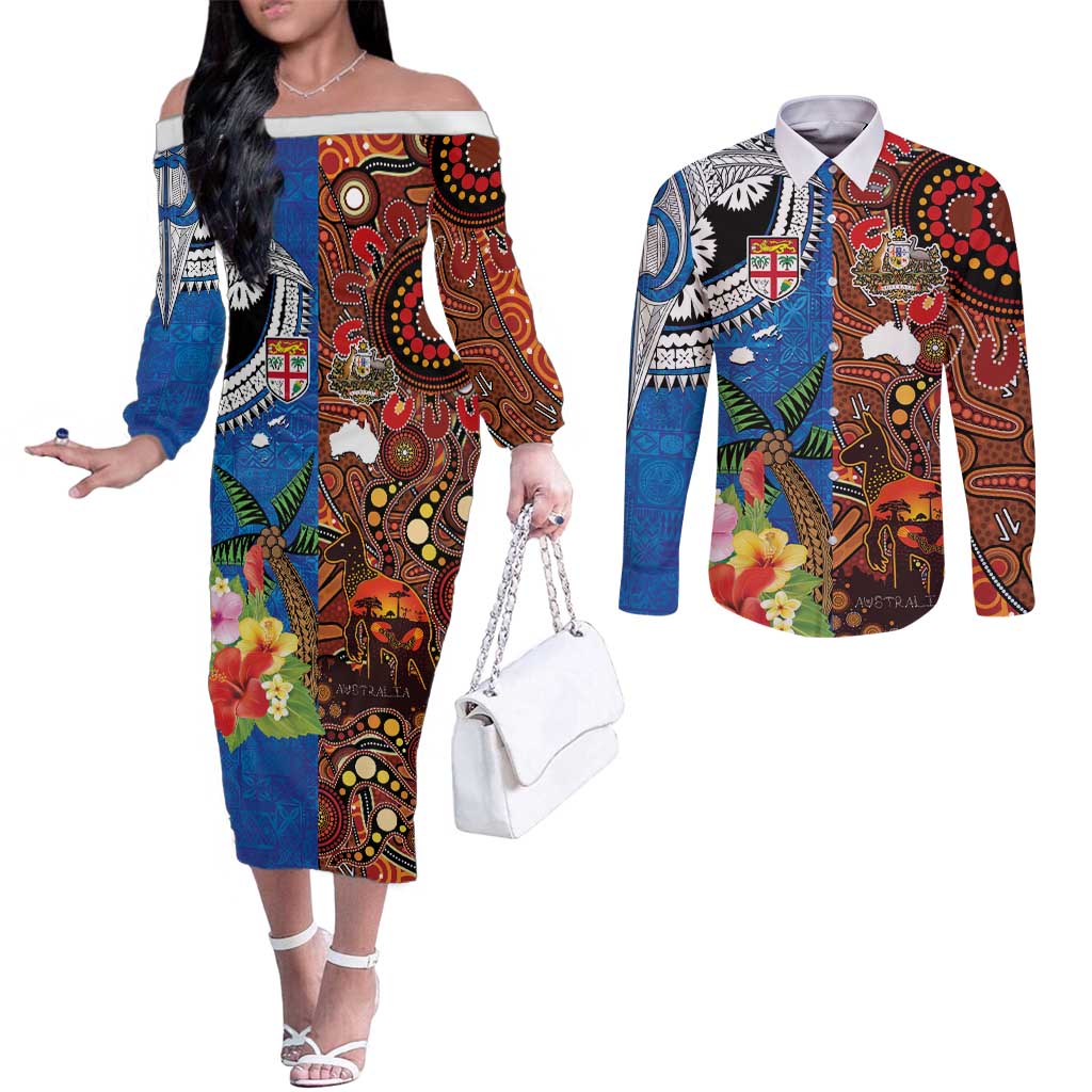 Fiji and Australia Together Couples Matching Off The Shoulder Long Sleeve Dress and Long Sleeve Button Shirt Fijian Tapa Plants with Kangaroo and Aboriginal - Aussie Hoodie
