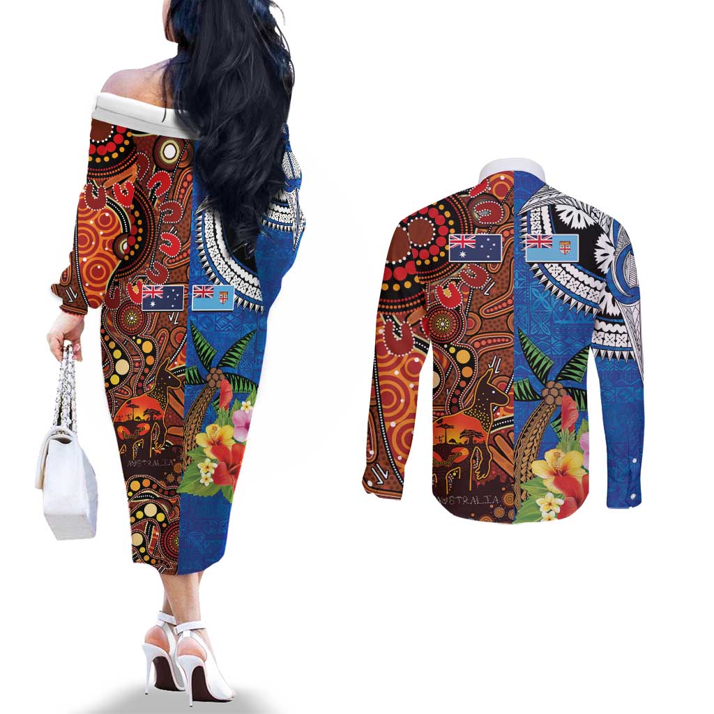 Fiji and Australia Together Couples Matching Off The Shoulder Long Sleeve Dress and Long Sleeve Button Shirt Fijian Tapa Plants with Kangaroo and Aboriginal - Aussie Hoodie