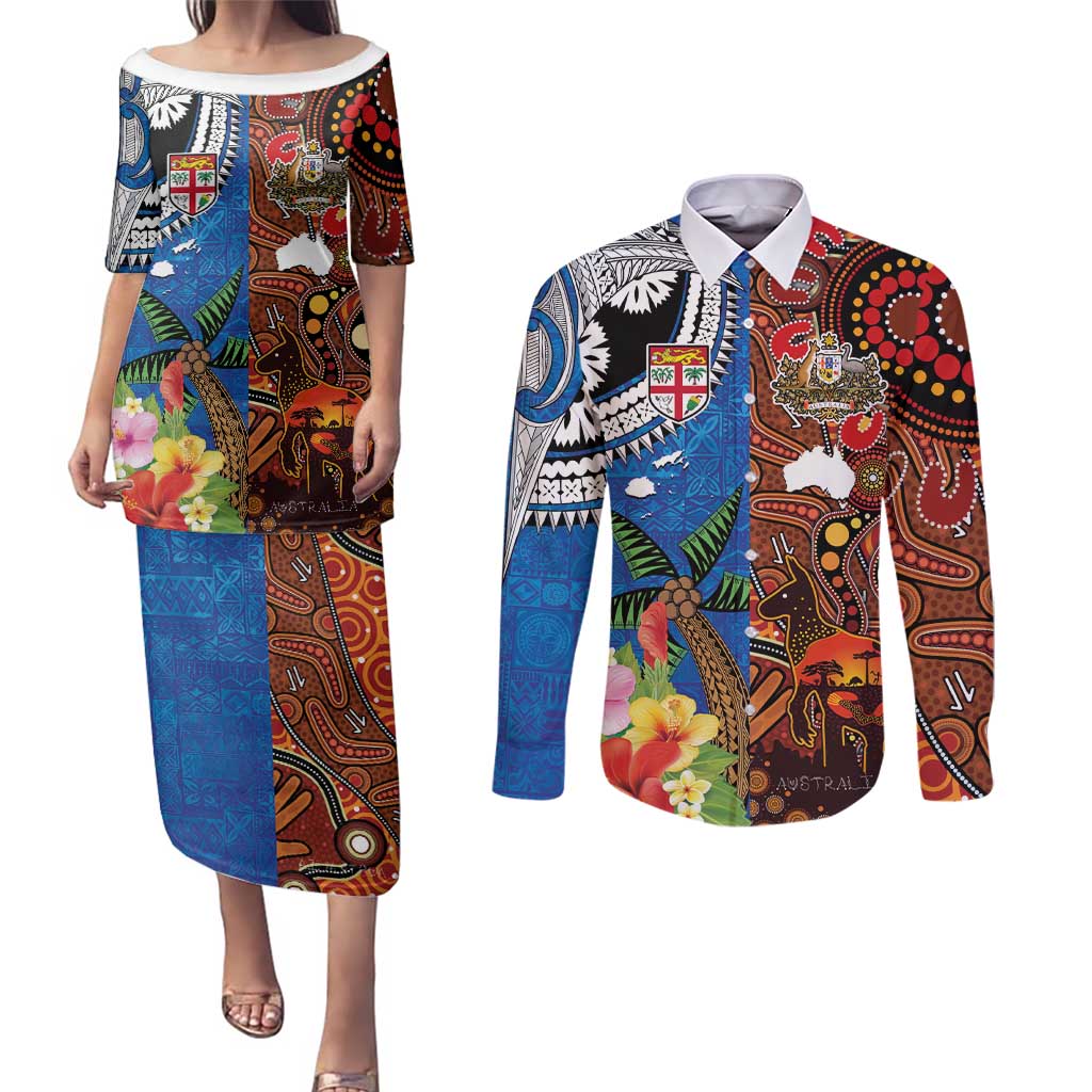 Fiji and Australia Together Couples Matching Puletasi and Long Sleeve Button Shirt Fijian Tapa Plants with Kangaroo and Aboriginal - Aussie Hoodie