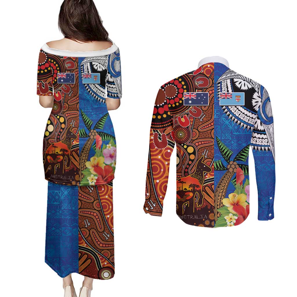 Fiji and Australia Together Couples Matching Puletasi and Long Sleeve Button Shirt Fijian Tapa Plants with Kangaroo and Aboriginal - Aussie Hoodie