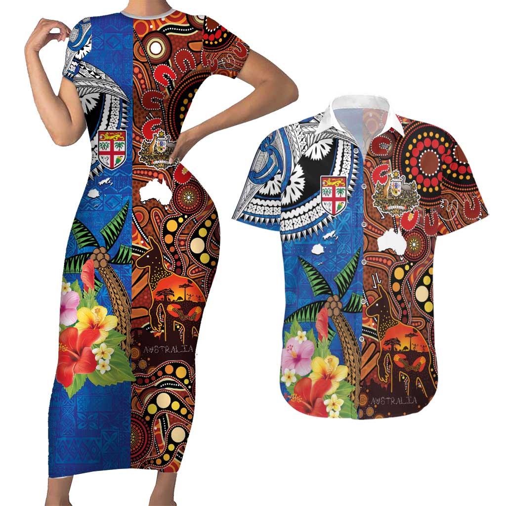 Fiji and Australia Together Couples Matching Short Sleeve Bodycon Dress and Hawaiian Shirt Fijian Tapa Plants with Kangaroo and Aboriginal - Aussie Hoodie