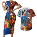Fiji and Australia Together Couples Matching Short Sleeve Bodycon Dress and Hawaiian Shirt Fijian Tapa Plants with Kangaroo and Aboriginal - Aussie Hoodie