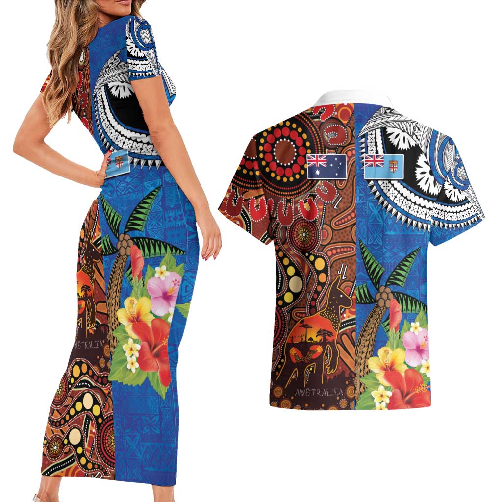 Fiji and Australia Together Couples Matching Short Sleeve Bodycon Dress and Hawaiian Shirt Fijian Tapa Plants with Kangaroo and Aboriginal - Aussie Hoodie