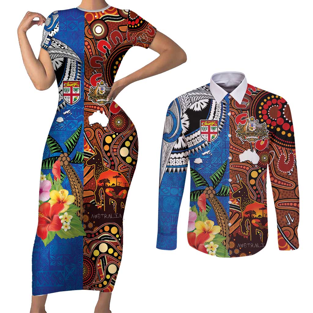 Fiji and Australia Together Couples Matching Short Sleeve Bodycon Dress and Long Sleeve Button Shirt Fijian Tapa Plants with Kangaroo and Aboriginal - Aussie Hoodie