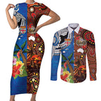 Fiji and Australia Together Couples Matching Short Sleeve Bodycon Dress and Long Sleeve Button Shirt Fijian Tapa Plants with Kangaroo and Aboriginal - Aussie Hoodie