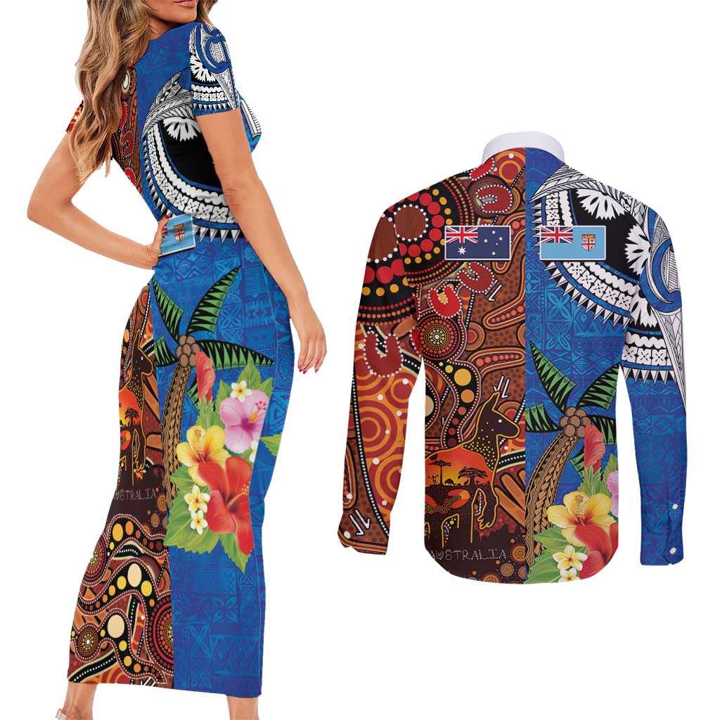 Fiji and Australia Together Couples Matching Short Sleeve Bodycon Dress and Long Sleeve Button Shirt Fijian Tapa Plants with Kangaroo and Aboriginal - Aussie Hoodie