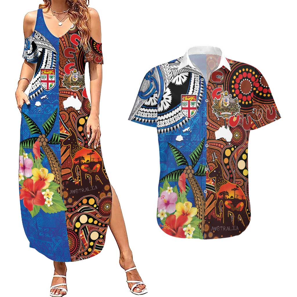 Fiji and Australia Together Couples Matching Summer Maxi Dress and Hawaiian Shirt Fijian Tapa Plants with Kangaroo and Aboriginal - Aussie Hoodie