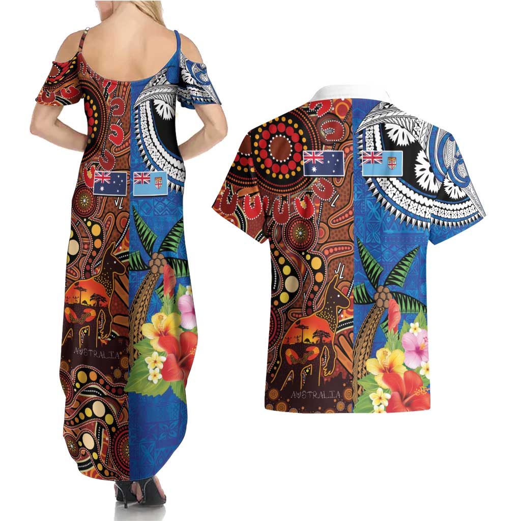 Fiji and Australia Together Couples Matching Summer Maxi Dress and Hawaiian Shirt Fijian Tapa Plants with Kangaroo and Aboriginal - Aussie Hoodie