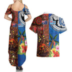 Fiji and Australia Together Couples Matching Summer Maxi Dress and Hawaiian Shirt Fijian Tapa Plants with Kangaroo and Aboriginal - Aussie Hoodie