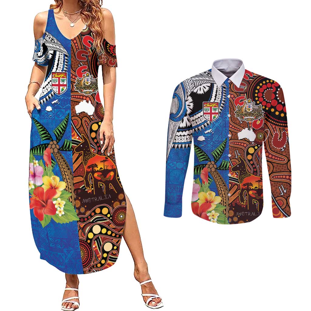 Fiji and Australia Together Couples Matching Summer Maxi Dress and Long Sleeve Button Shirt Fijian Tapa Plants with Kangaroo and Aboriginal - Aussie Hoodie