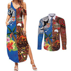Fiji and Australia Together Couples Matching Summer Maxi Dress and Long Sleeve Button Shirt Fijian Tapa Plants with Kangaroo and Aboriginal - Aussie Hoodie