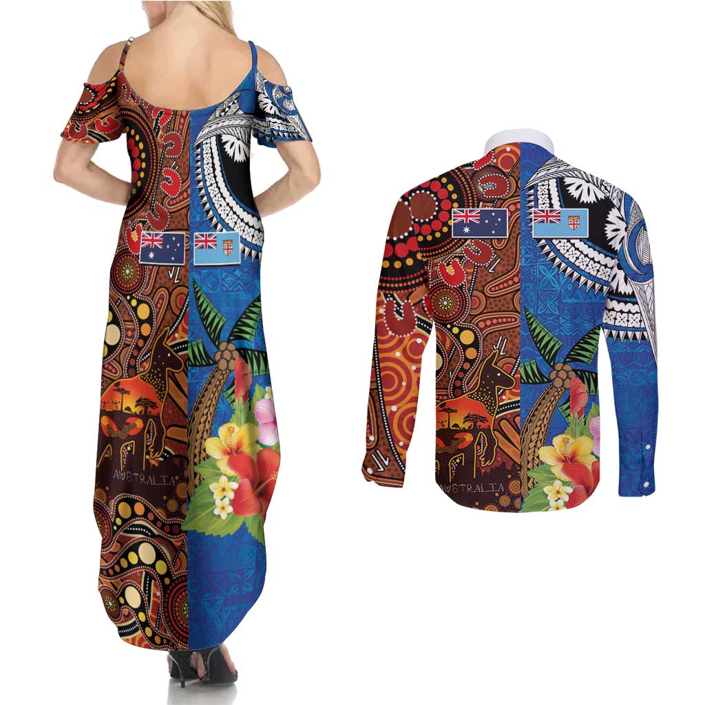 Fiji and Australia Together Couples Matching Summer Maxi Dress and Long Sleeve Button Shirt Fijian Tapa Plants with Kangaroo and Aboriginal - Aussie Hoodie