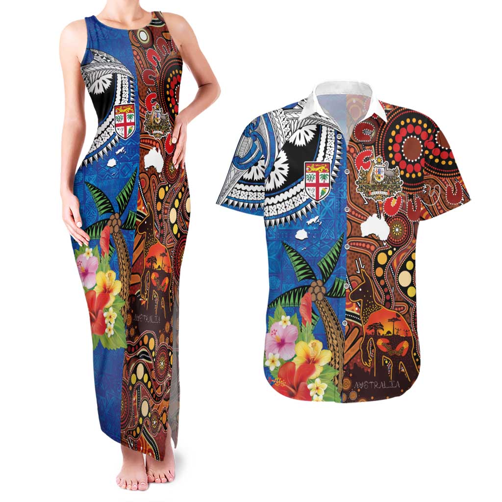 Fiji and Australia Together Couples Matching Tank Maxi Dress and Hawaiian Shirt Fijian Tapa Plants with Kangaroo and Aboriginal - Aussie Hoodie
