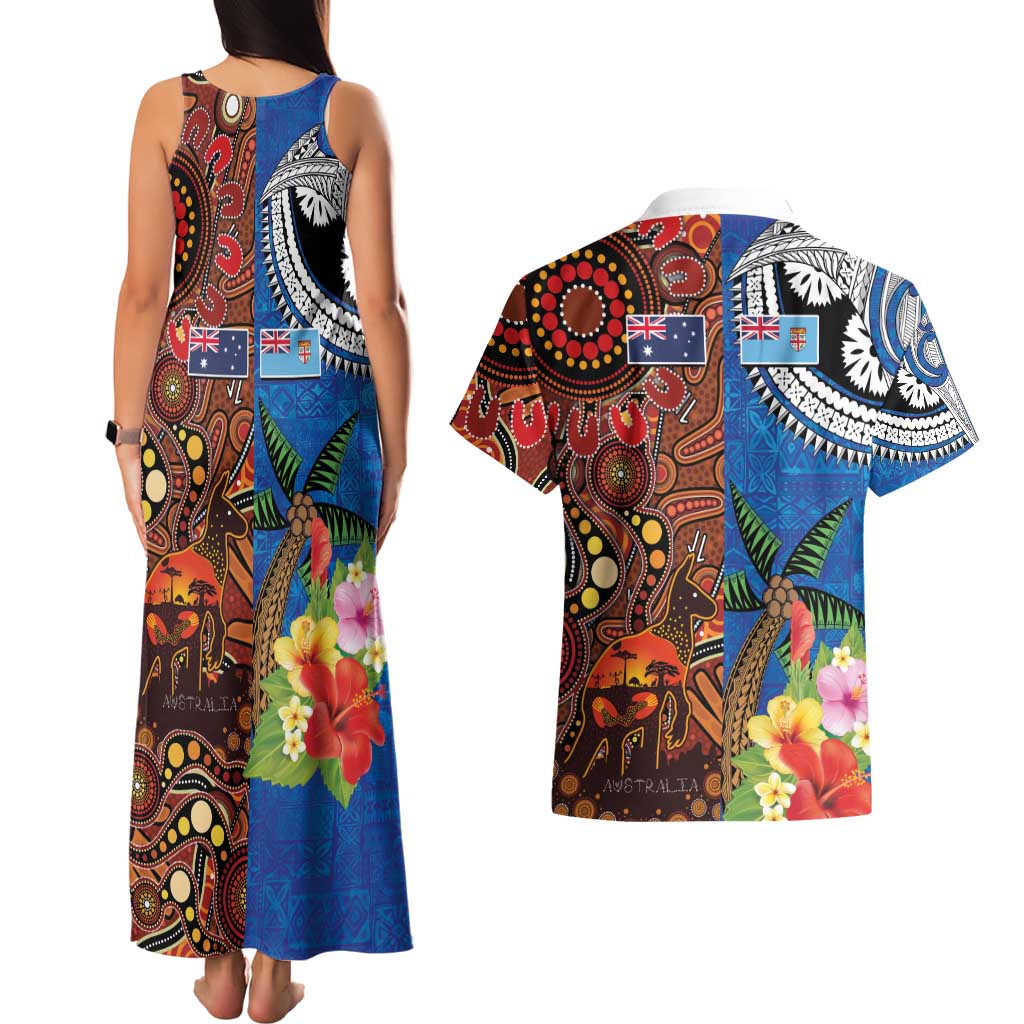 Fiji and Australia Together Couples Matching Tank Maxi Dress and Hawaiian Shirt Fijian Tapa Plants with Kangaroo and Aboriginal - Aussie Hoodie