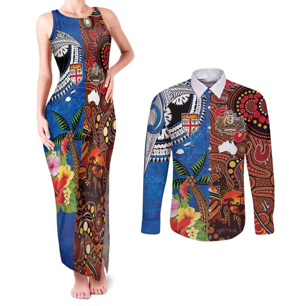 Fiji and Australia Together Couples Matching Tank Maxi Dress and Long Sleeve Button Shirt Fijian Tapa Plants with Kangaroo and Aboriginal - Aussie Hoodie