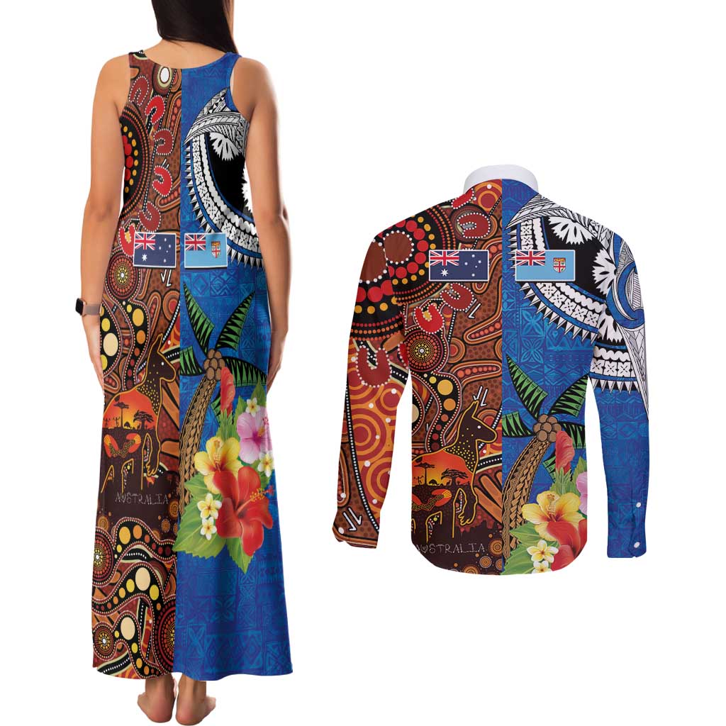 Fiji and Australia Together Couples Matching Tank Maxi Dress and Long Sleeve Button Shirt Fijian Tapa Plants with Kangaroo and Aboriginal - Aussie Hoodie