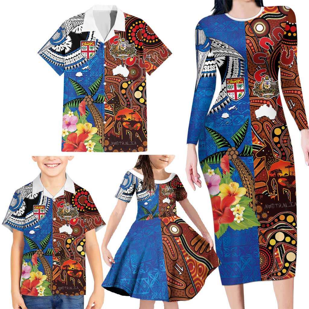 Fiji and Australia Together Family Matching Long Sleeve Bodycon Dress and Hawaiian Shirt Fijian Tapa Plants with Kangaroo and Aboriginal - Aussie Hoodie