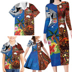 Fiji and Australia Together Family Matching Long Sleeve Bodycon Dress and Hawaiian Shirt Fijian Tapa Plants with Kangaroo and Aboriginal - Aussie Hoodie