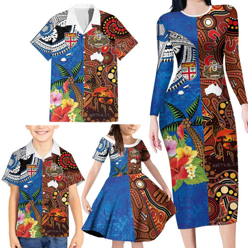 Fiji and Australia Together Family Matching Long Sleeve Bodycon Dress and Hawaiian Shirt Fijian Tapa Plants with Kangaroo and Aboriginal - Aussie Hoodie