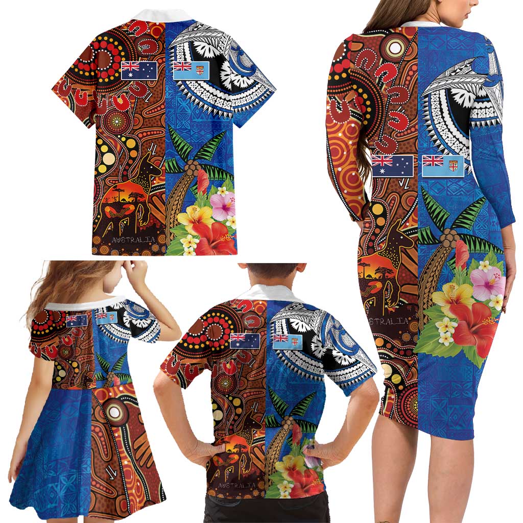 Fiji and Australia Together Family Matching Long Sleeve Bodycon Dress and Hawaiian Shirt Fijian Tapa Plants with Kangaroo and Aboriginal - Aussie Hoodie