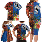 Fiji and Australia Together Family Matching Long Sleeve Bodycon Dress and Hawaiian Shirt Fijian Tapa Plants with Kangaroo and Aboriginal - Aussie Hoodie