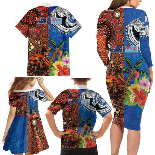 Fiji and Australia Together Family Matching Long Sleeve Bodycon Dress and Hawaiian Shirt Fijian Tapa Plants with Kangaroo and Aboriginal - Aussie Hoodie