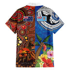 Fiji and Australia Together Family Matching Long Sleeve Bodycon Dress and Hawaiian Shirt Fijian Tapa Plants with Kangaroo and Aboriginal - Aussie Hoodie