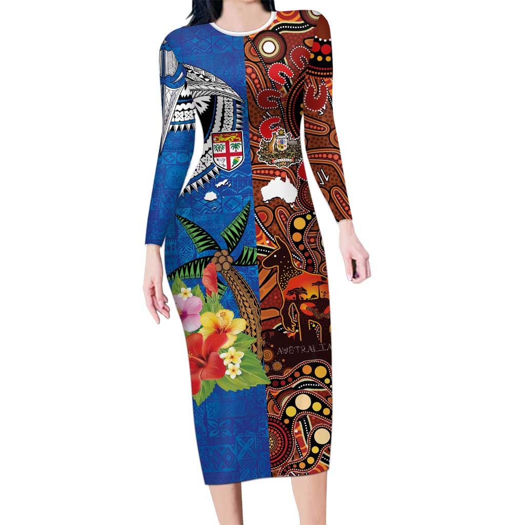 Fiji and Australia Together Family Matching Long Sleeve Bodycon Dress and Hawaiian Shirt Fijian Tapa Plants with Kangaroo and Aboriginal - Aussie Hoodie