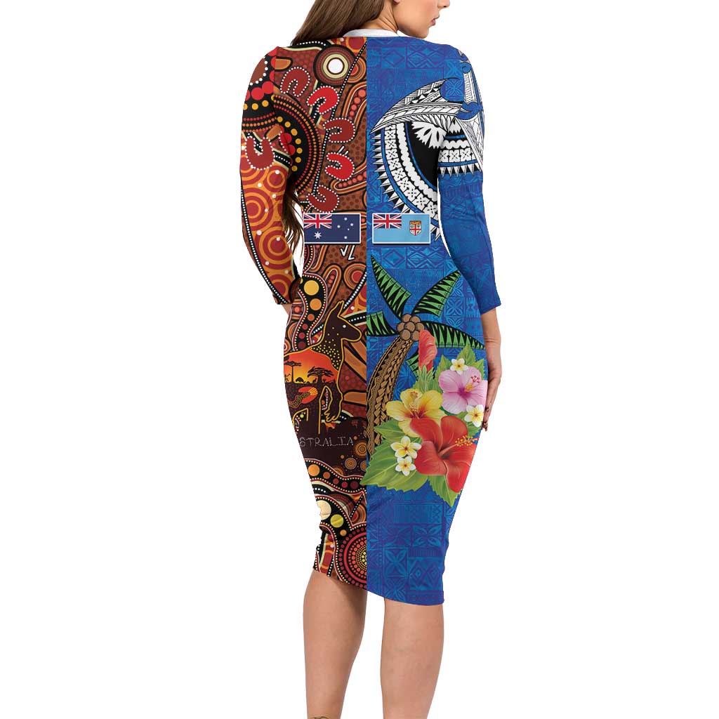 Fiji and Australia Together Family Matching Long Sleeve Bodycon Dress and Hawaiian Shirt Fijian Tapa Plants with Kangaroo and Aboriginal - Aussie Hoodie
