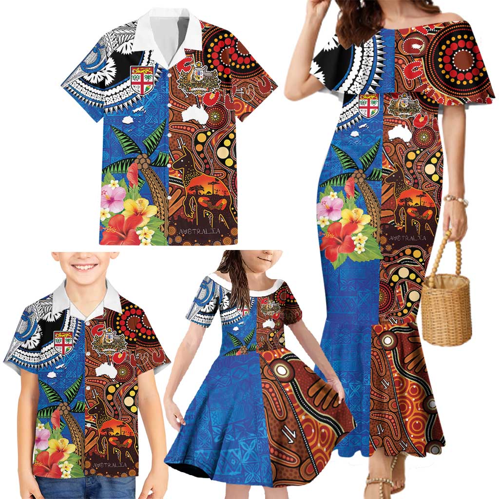 Fiji and Australia Together Family Matching Mermaid Dress and Hawaiian Shirt Fijian Tapa Plants with Kangaroo and Aboriginal - Aussie Hoodie