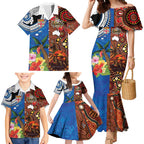 Fiji and Australia Together Family Matching Mermaid Dress and Hawaiian Shirt Fijian Tapa Plants with Kangaroo and Aboriginal - Aussie Hoodie